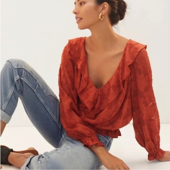 Anthropologie Tops - Anthropologie Shirt Textured Floral Ruffle Blouse Top Rust Crimson Tie Back Sz S